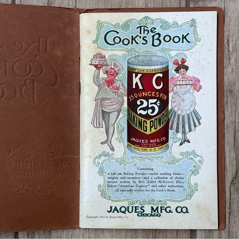 1933 The Cook’s Book•KC Baking Powder•by Jaques Mfg. Co.100+Recipes History VTG